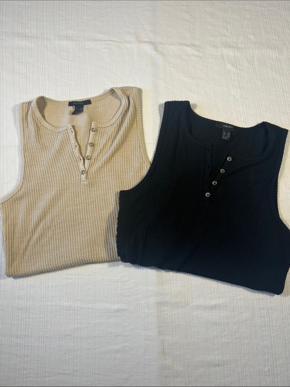Ribbed Henley Tank Tops Bodysuits - Black & Beige Pair